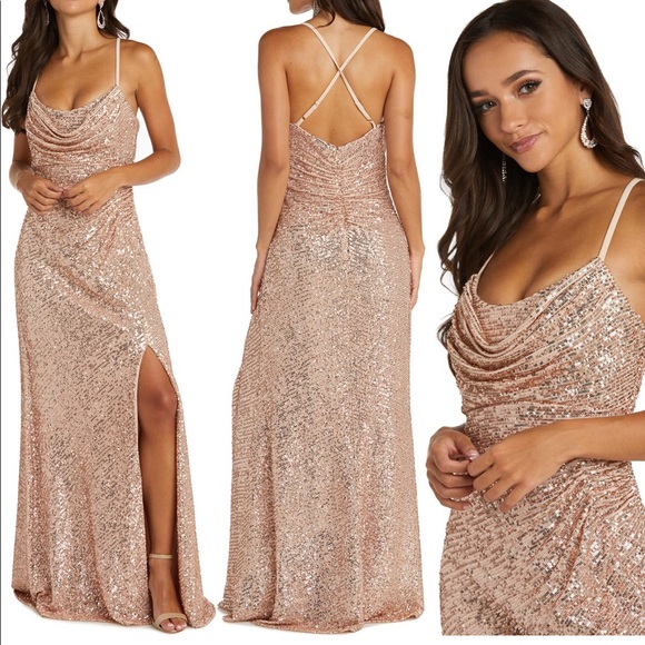 Sequin cowl neck gown - Picture 1 of 4